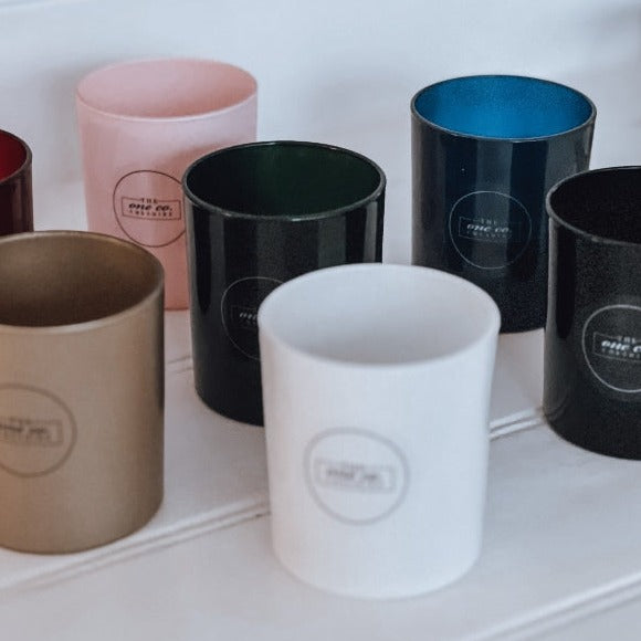 The One Co Cheshire Refillable Candle jars in a selections of colours